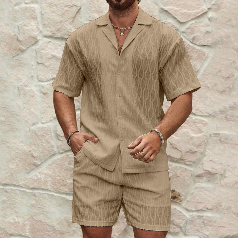 Trajes de pista para hombre, moda de verano, sólidos, sueltos, casuales, de dos piezas, camisa con cuello de solapa y botones, pantalones cortos, trajes de playa y vacaciones que combinan con todo para hombre