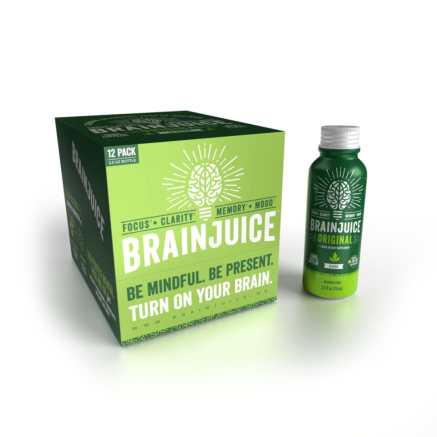 BrainJuice Apoyo Cerebral Disparos Suplemento Sin Gluten para Energía y Concentración Bebidas Saludables con Alpha GPC Vitamina B y Extracto de Té Verde Orgánico Cafeína Clásica 2.5 fl oz Paquete de 12