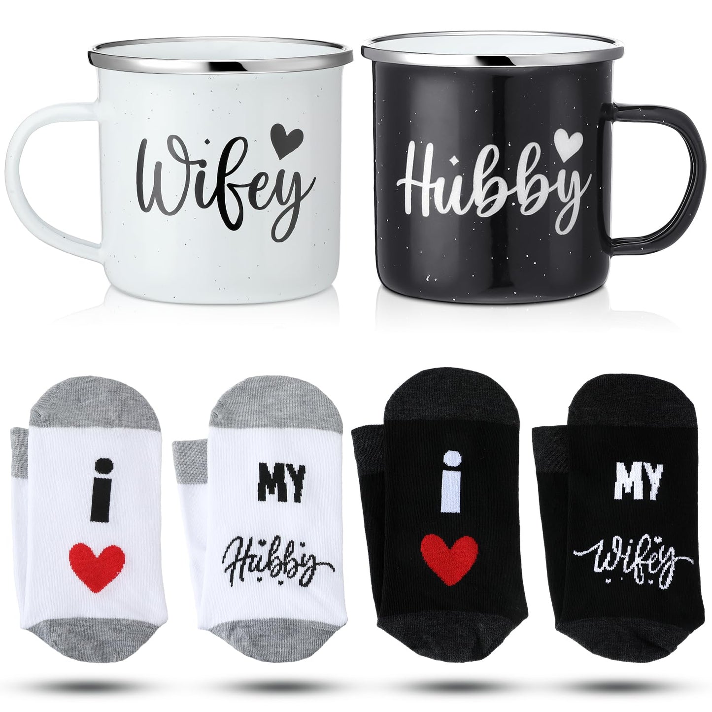 Domensi paquete de 4 regalos para marido y mujer, tazas de café esmaltadas para parejas, calcetines para parejas, para compromiso de novia, regalos de boda para el novio