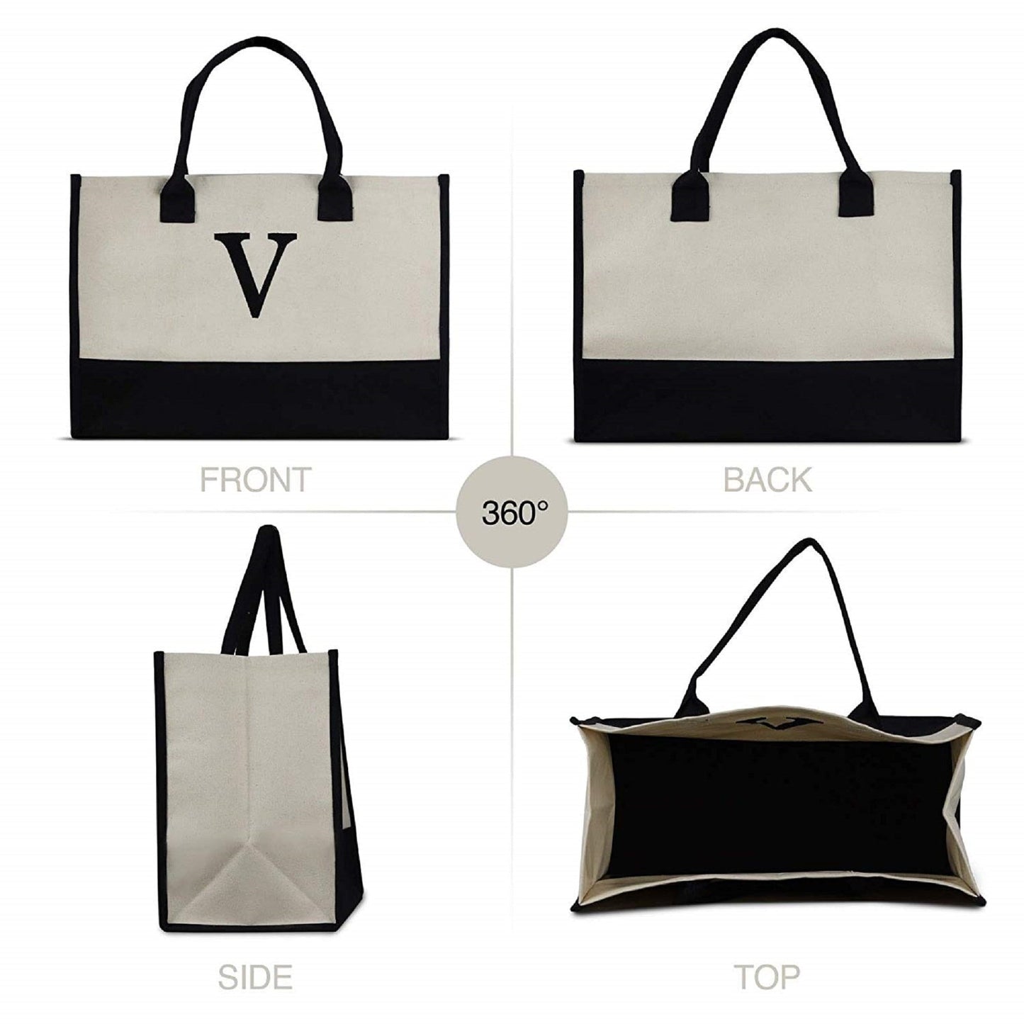 Bolso tote lindo Bolso tote con inicial Lona 100% algodón y un elegante monograma personalizado, Bolso de playa, Bolso de dama de honor Negro