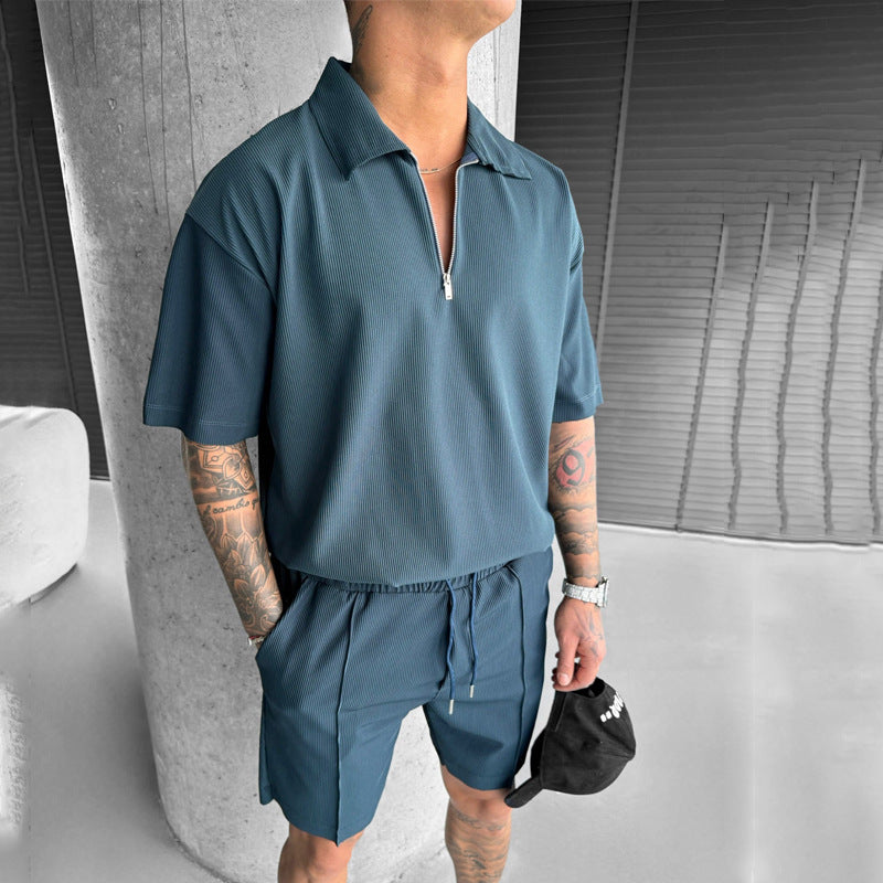 Moda de verano Ropa de hombre Trajes de hombre Nuevos polos con cremallera Casual Manga corta Pantalones cortos con cordón Conjunto de hombre