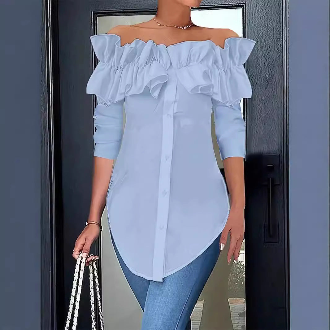 Haut chemisier simple, couleur unie, épaules dénudées, à volants