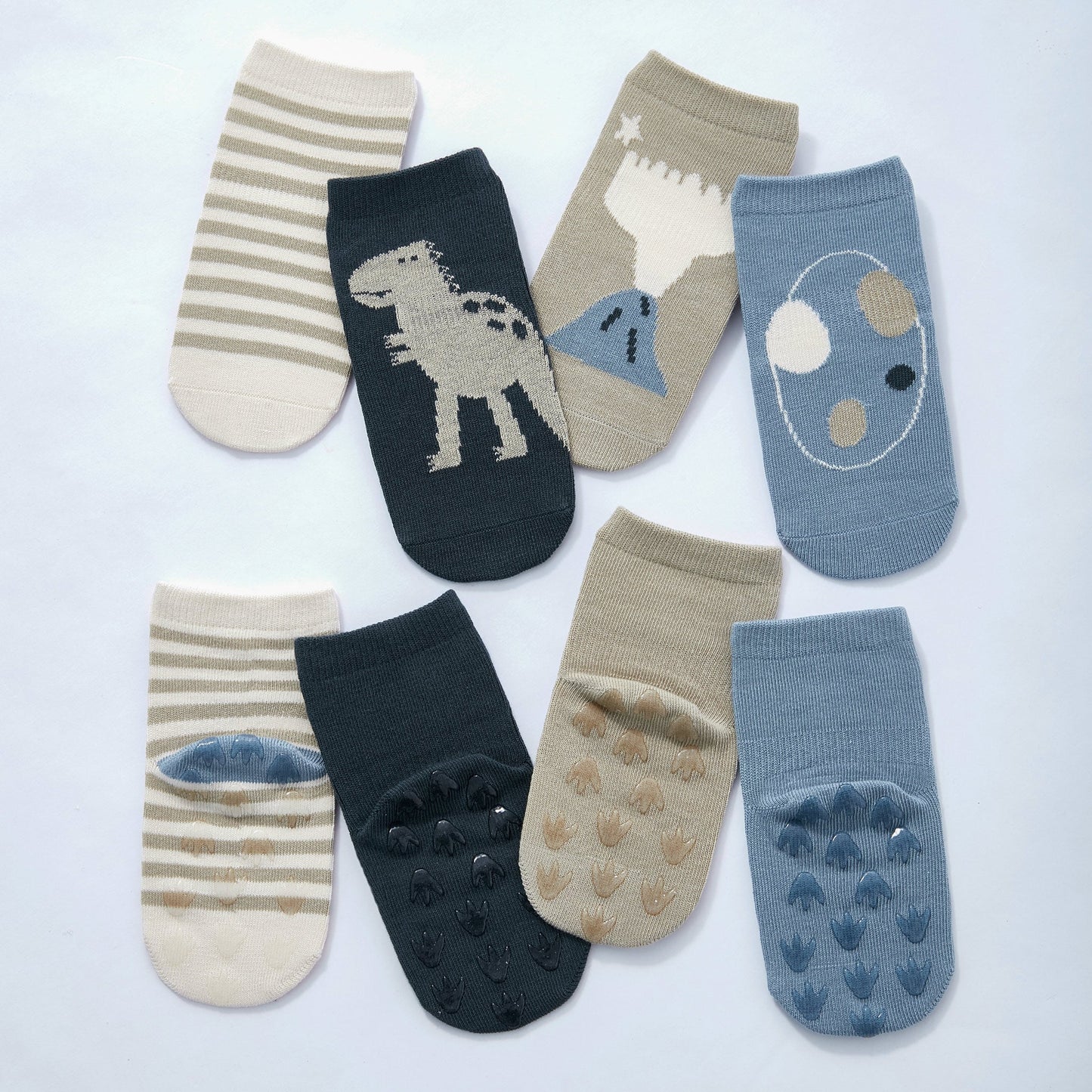 Nuevos calcetines antideslizantes de dinosaurio orgánicos de 4 pares para bebés y niños pequeños