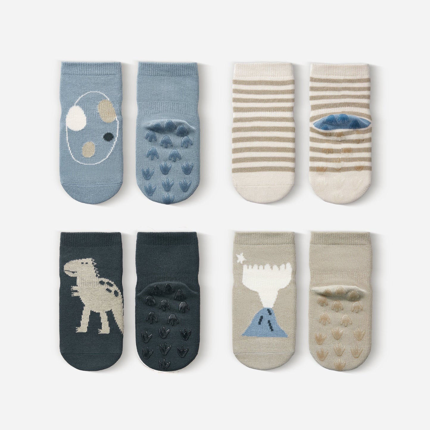 Nuevos calcetines antideslizantes de dinosaurio orgánicos de 4 pares para bebés y niños pequeños