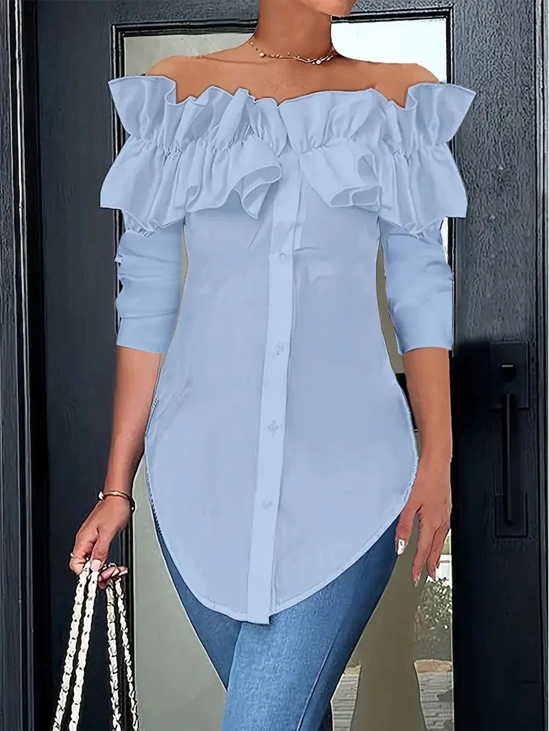 Haut chemisier simple, couleur unie, épaules dénudées, à volants