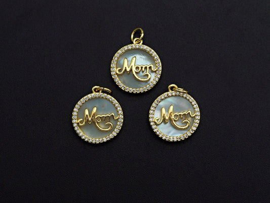 Colgante/dije redondo con incrustaciones de nácar con letras "MOM", dije con forma de letras "Mom", 16 mm, regalo para el Día de la Madre, SKU#Z791