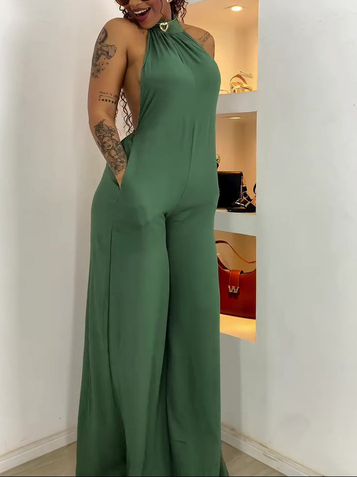 Mono verde sin espalda con cuello halter