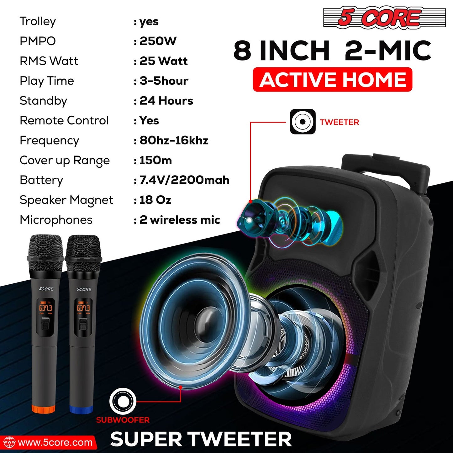 Altavoz para fiesta portátil PA Bluetooth de 8 pulgadas 5Core para karaoke Boombox + 2 micrófonos inalámbricos