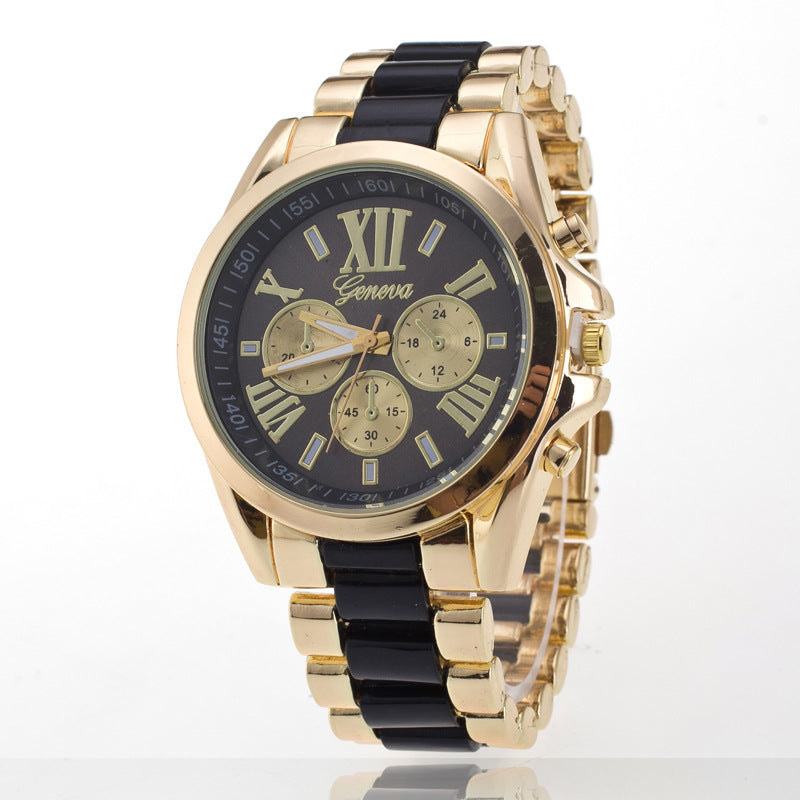 Montre à trois aiguilles et bracelet en acier, style Genève