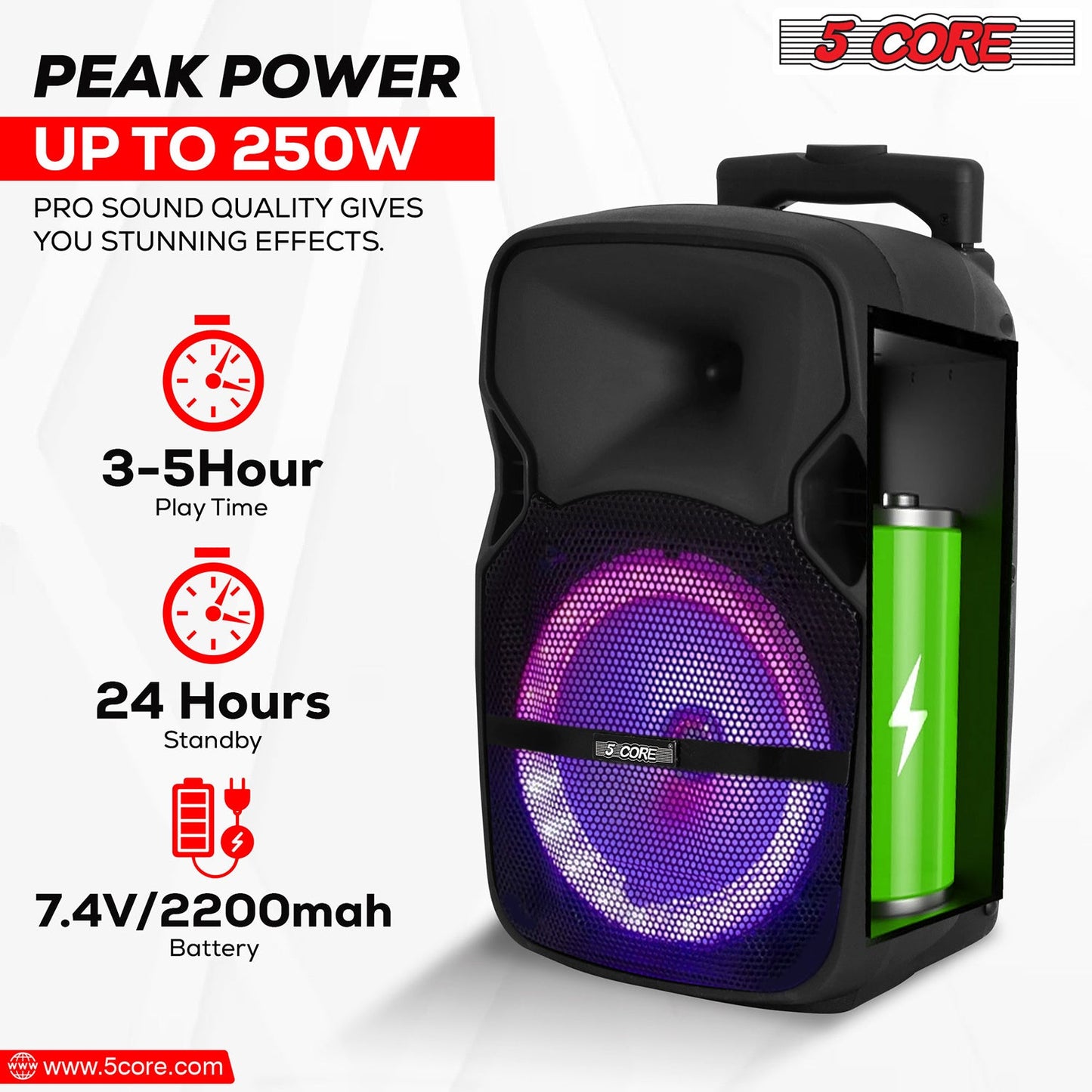 Altavoz para fiesta portátil PA Bluetooth de 8 pulgadas 5Core para karaoke Boombox + 2 micrófonos inalámbricos