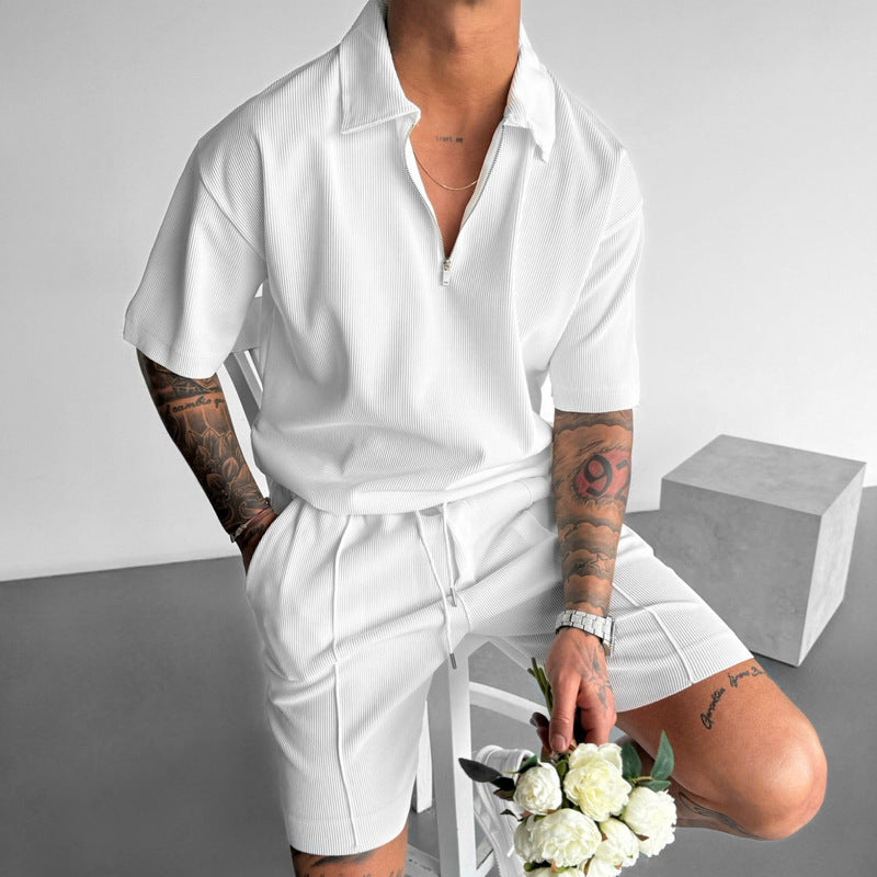 Moda de verano Ropa de hombre Trajes de hombre Nuevos polos con cremallera Casual Manga corta Pantalones cortos con cordón Conjunto de hombre