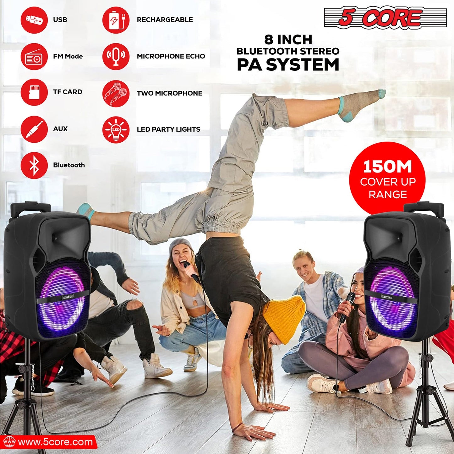 Altavoz para fiesta portátil PA Bluetooth de 8 pulgadas 5Core para karaoke Boombox + 2 micrófonos inalámbricos