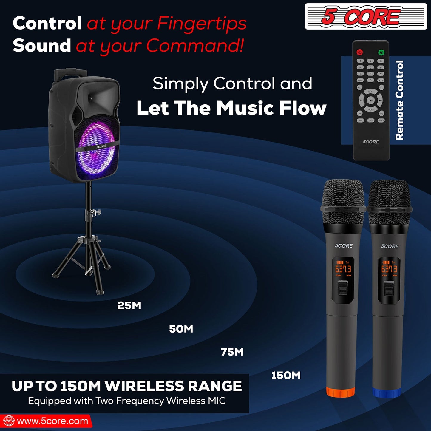 Altavoz para fiesta portátil PA Bluetooth de 8 pulgadas 5Core para karaoke Boombox + 2 micrófonos inalámbricos