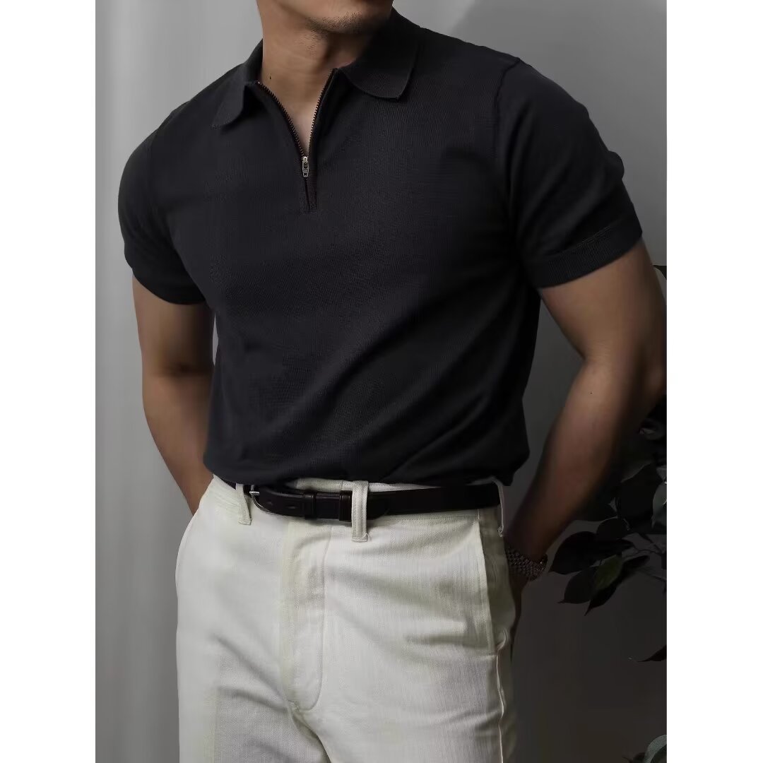 Chemise tricotée unie à manches courtes pour homme, coupe slim d'été
