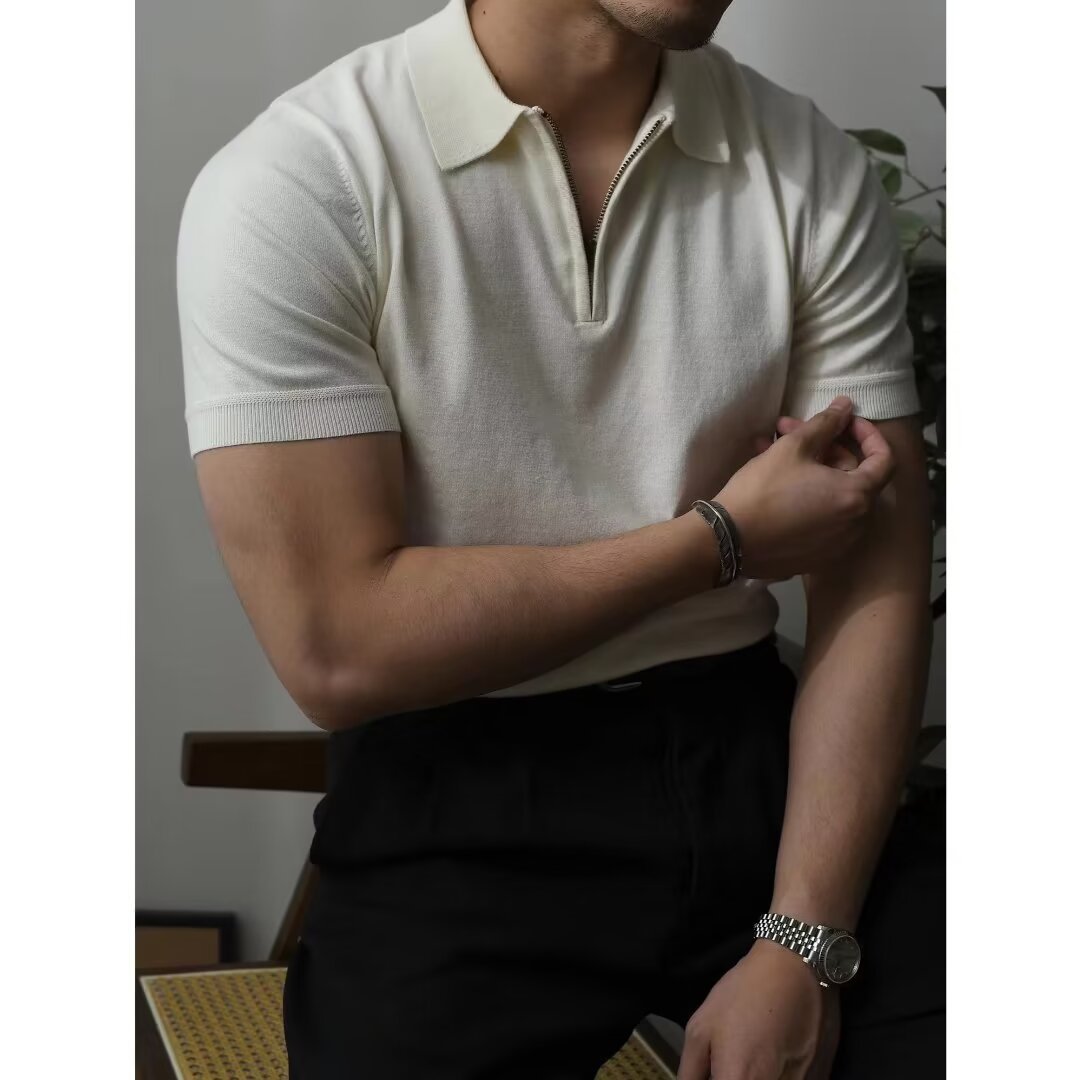 Chemise tricotée unie à manches courtes pour homme, coupe slim d'été