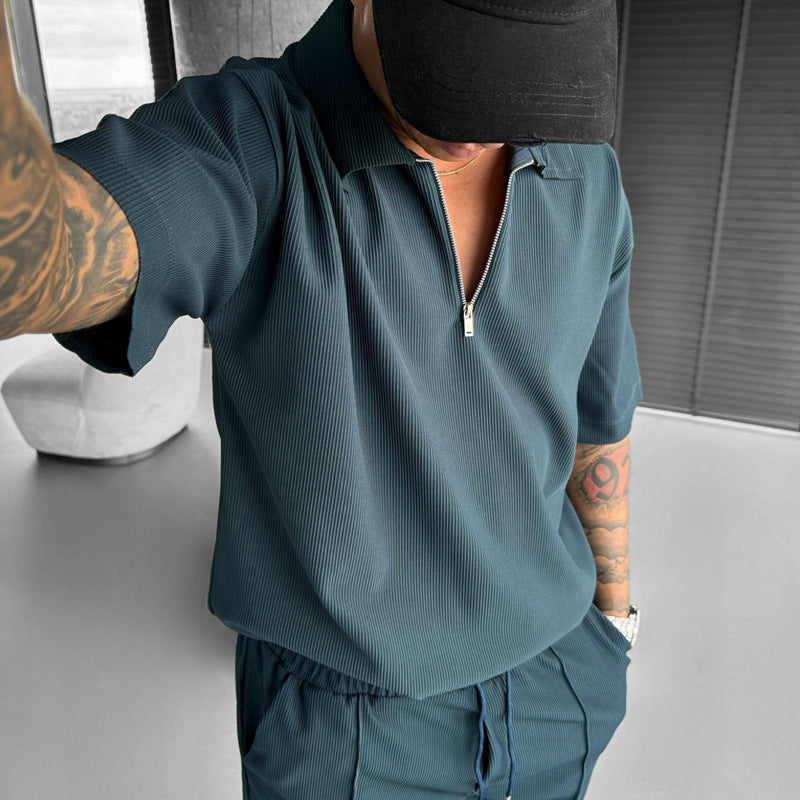 Moda de verano Ropa de hombre Trajes de hombre Nuevos polos con cremallera Casual Manga corta Pantalones cortos con cordón Conjunto de hombre