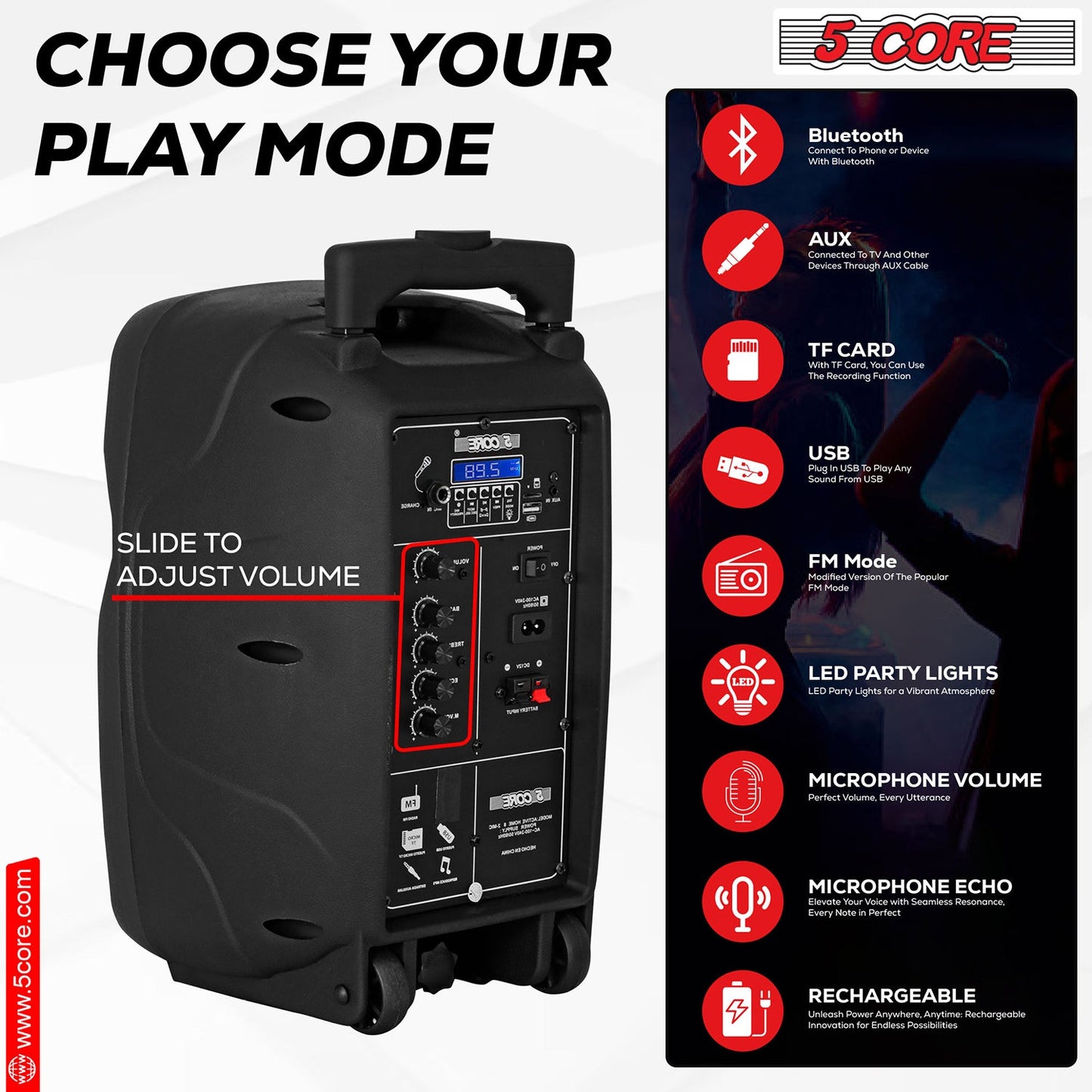 Altavoz para fiesta portátil PA Bluetooth de 8 pulgadas 5Core para karaoke Boombox + 2 micrófonos inalámbricos