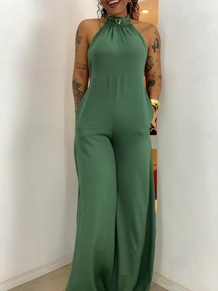 Mono verde sin espalda con cuello halter