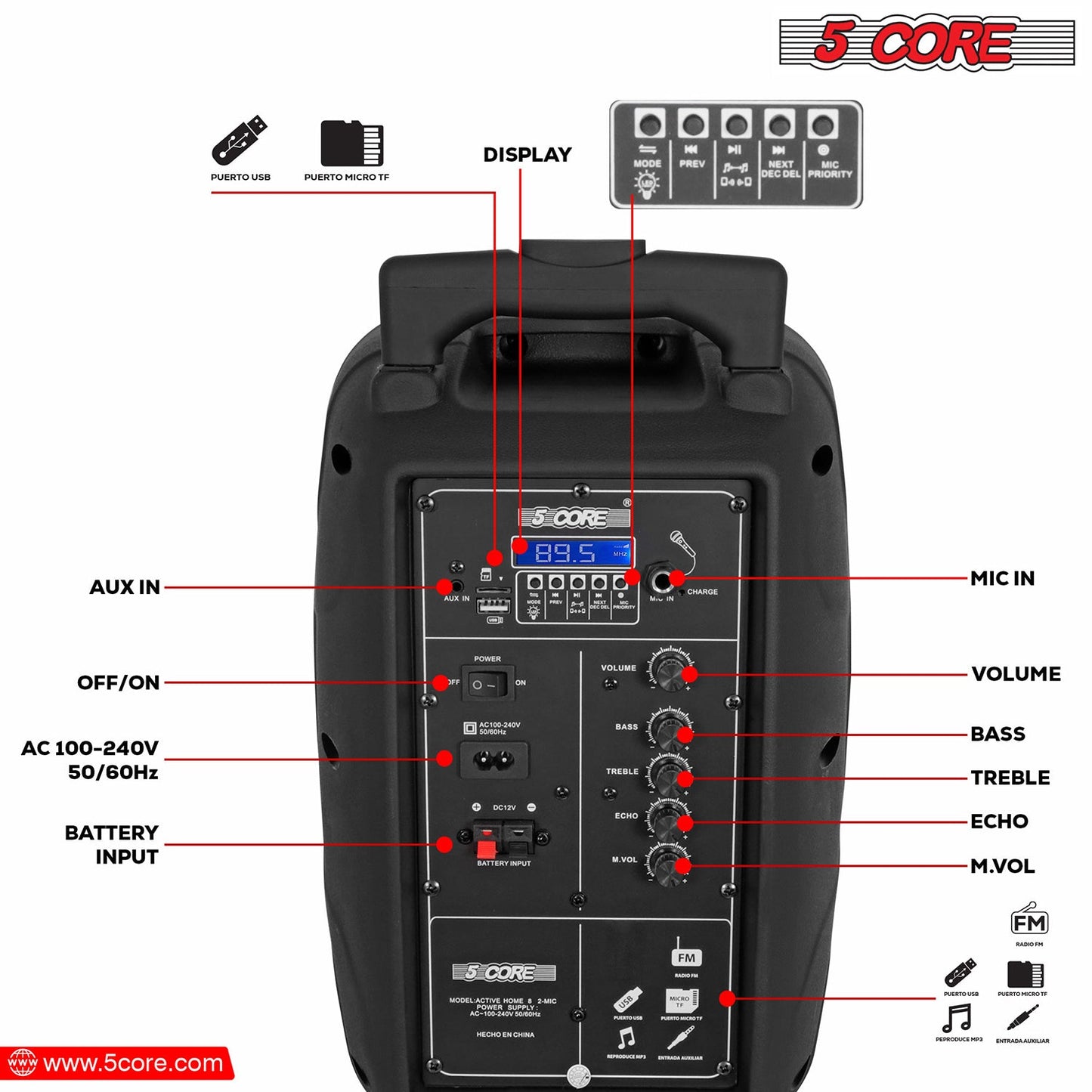 Altavoz para fiesta portátil PA Bluetooth de 8 pulgadas 5Core para karaoke Boombox + 2 micrófonos inalámbricos