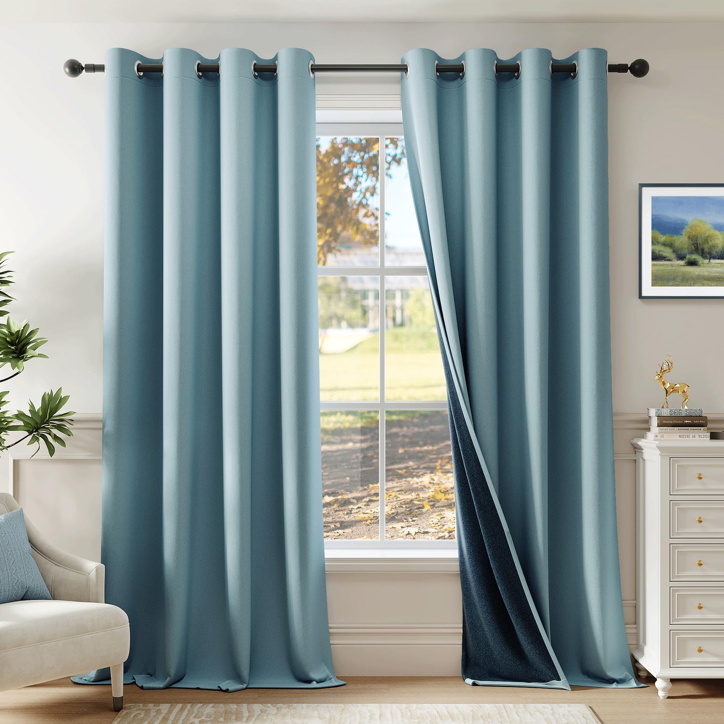 Beauoop Cortinas Opacas 100% de 84 Pulgadas de Largo, 2 Paneles para Dormitorio Sala de Estar, Azul Piedra, Sólidas, Bloquean la Luz, Aislantes Térmicas, Insonorizadas, Ahorro de Energía, con Ojales Superiores, para Ventana, 52x84, 2 Juegos