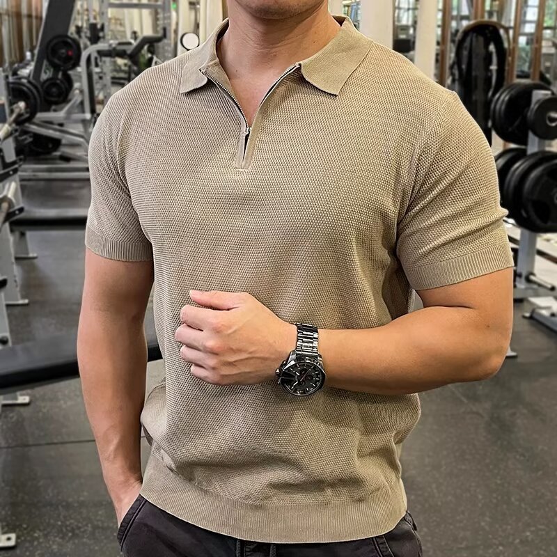 Chemise tricotée unie à manches courtes pour homme, coupe slim d'été
