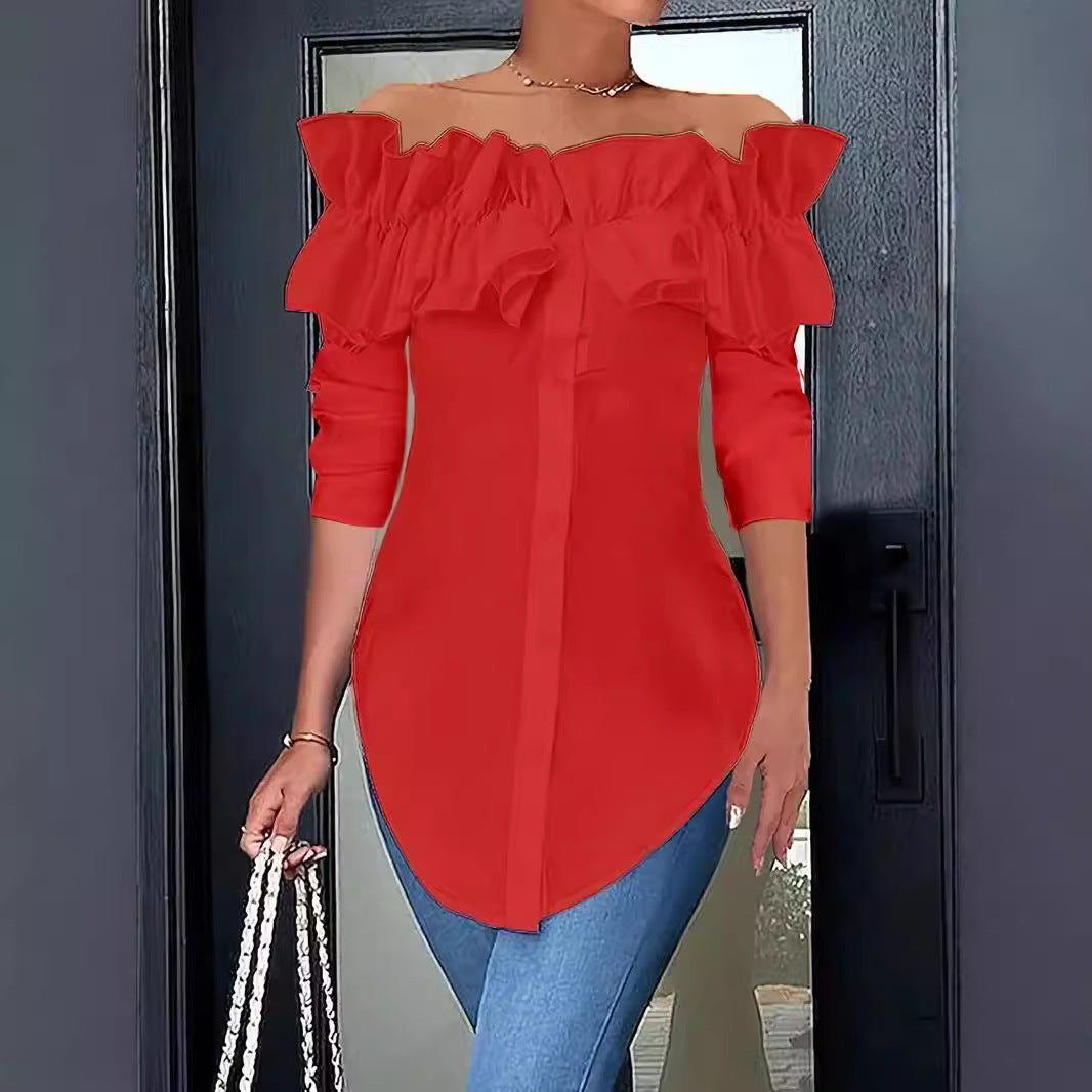 Haut chemisier simple, couleur unie, épaules dénudées, à volants