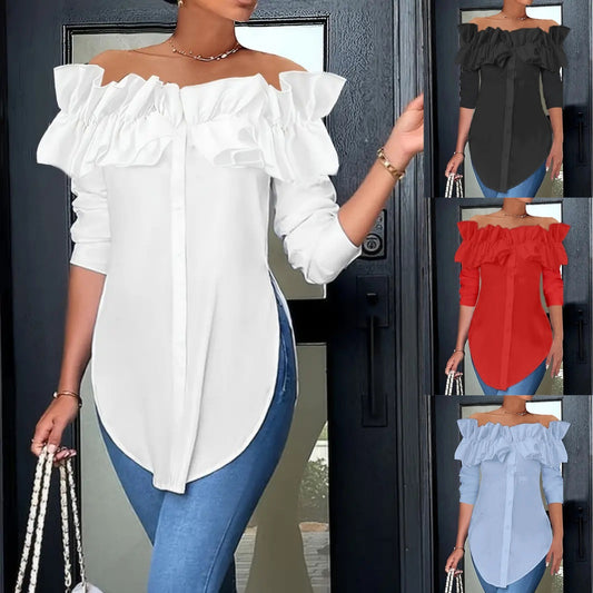 Top camisa sencillo de un solo color con hombros descubiertos y volantes