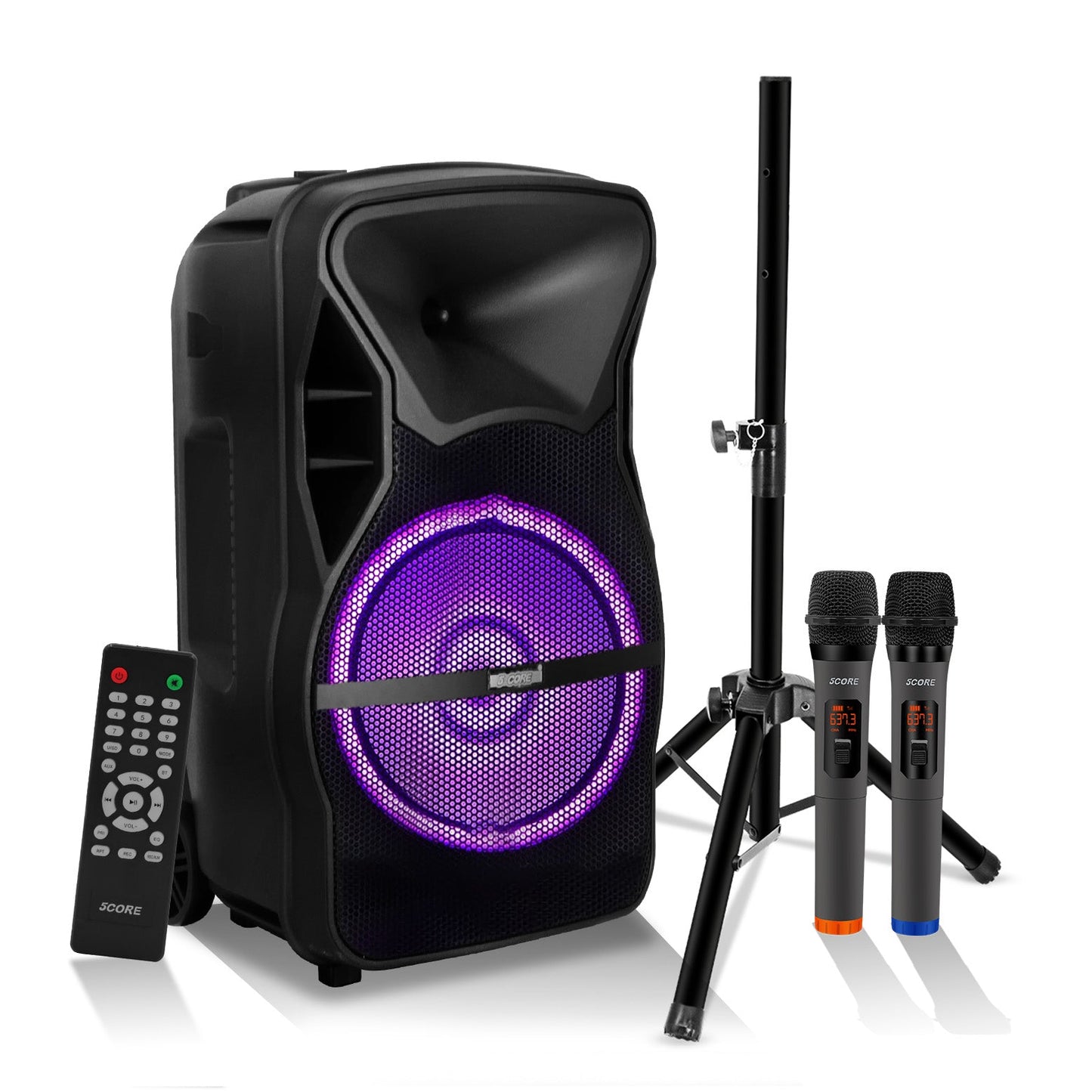 Altavoz para fiesta portátil PA Bluetooth de 8 pulgadas 5Core para karaoke Boombox + 2 micrófonos inalámbricos