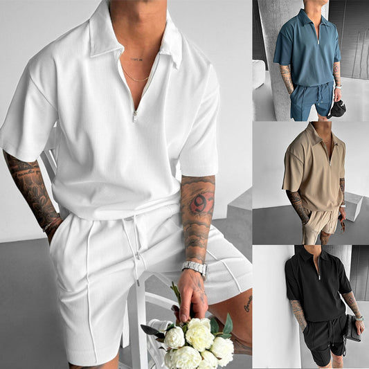 Moda de verano Ropa de hombre Trajes de hombre Nuevos polos con cremallera Casual Manga corta Pantalones cortos con cordón Conjunto de hombre