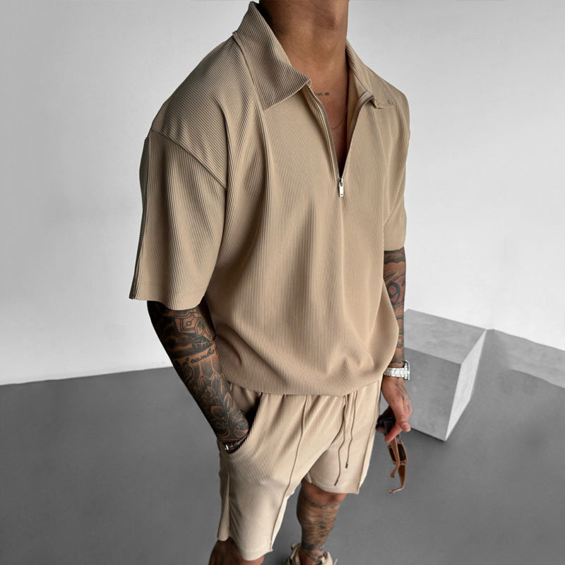 Moda de verano Ropa de hombre Trajes de hombre Nuevos polos con cremallera Casual Manga corta Pantalones cortos con cordón Conjunto de hombre