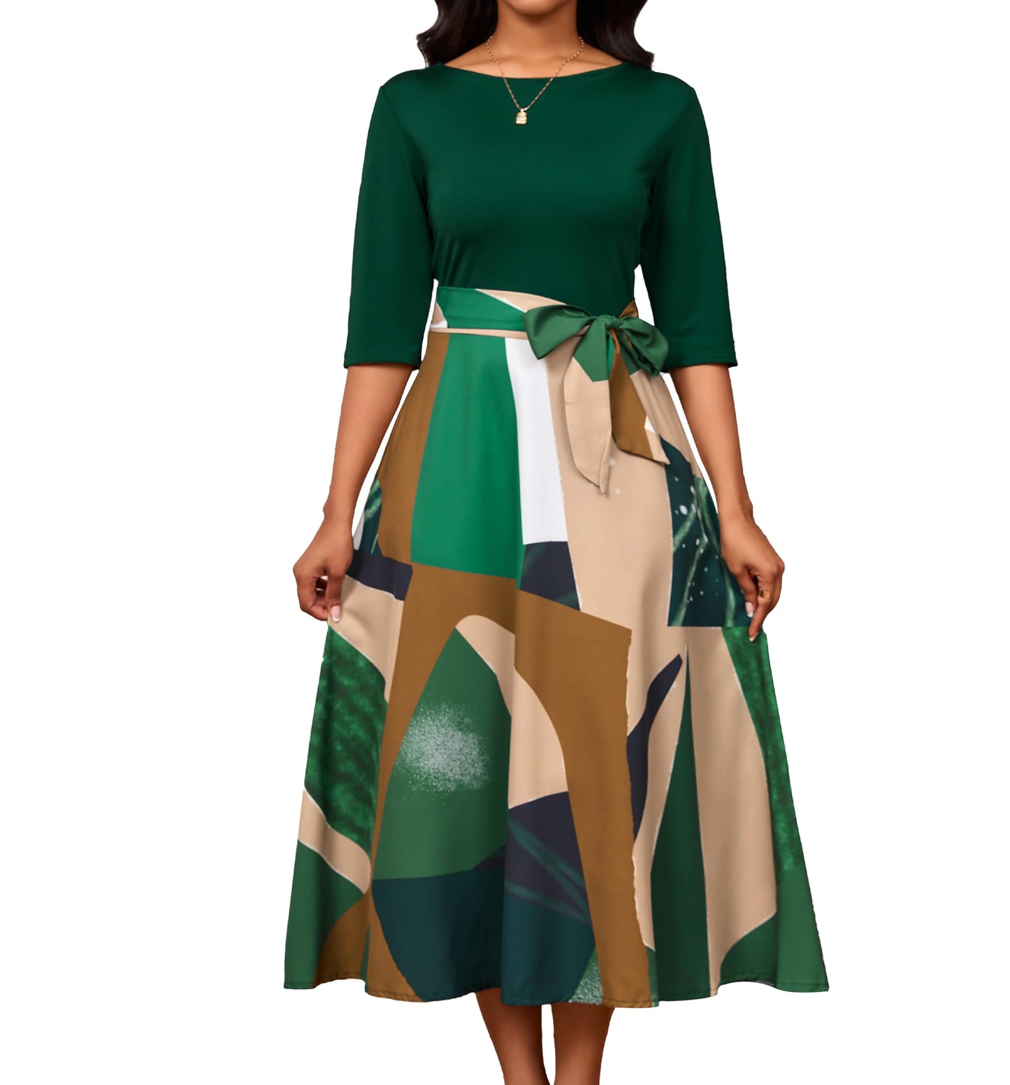 Ibudu Robes d'église sexy pour femmes Robes longues pour femmes 2024 Robe verte à manches mi-longues et blocs de couleurs