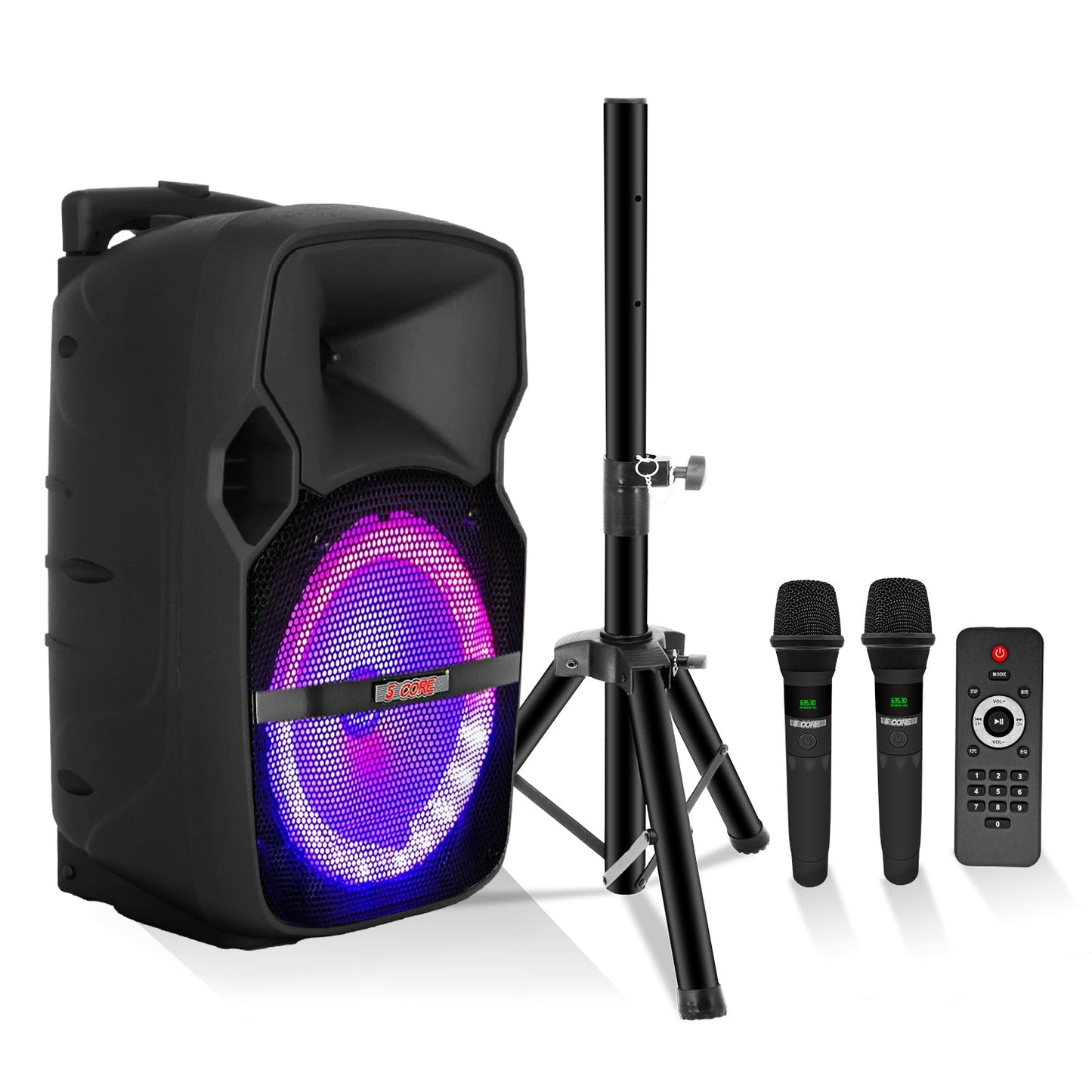 Altavoz para fiesta portátil PA Bluetooth de 8 pulgadas 5Core para karaoke Boombox + 2 micrófonos inalámbricos