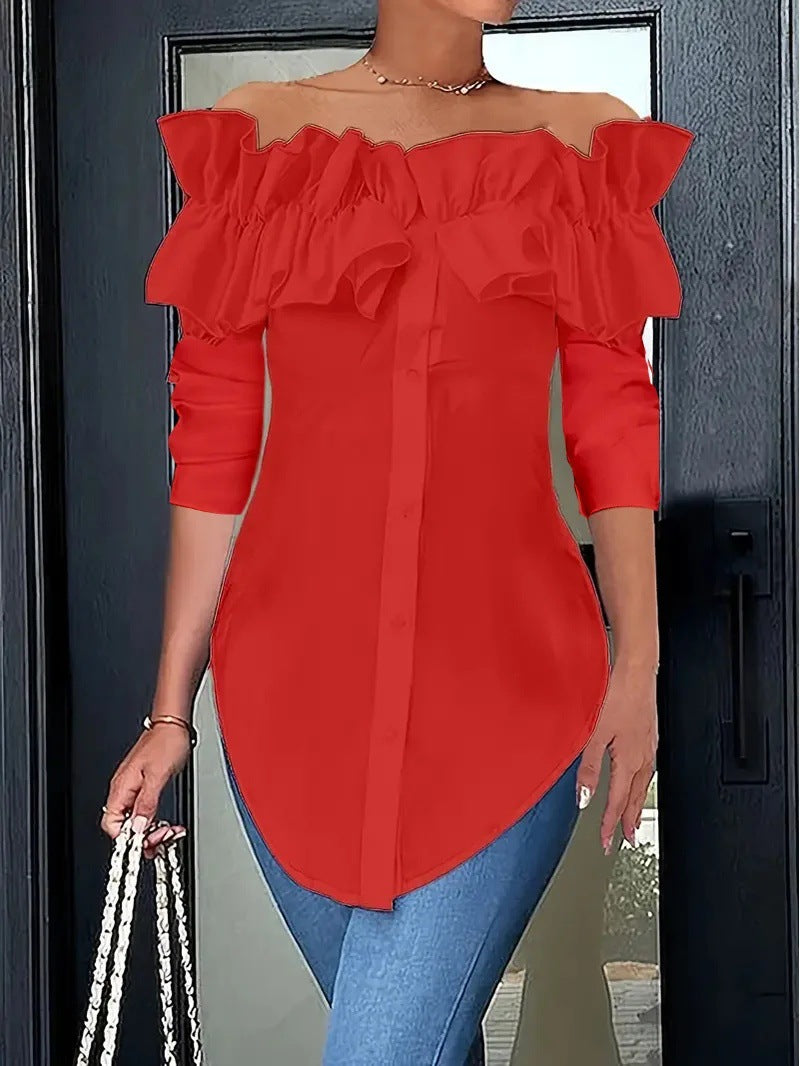 Haut chemisier simple, couleur unie, épaules dénudées, à volants