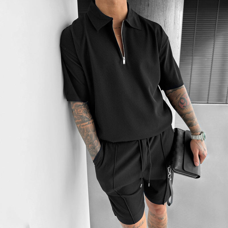 Moda de verano Ropa de hombre Trajes de hombre Nuevos polos con cremallera Casual Manga corta Pantalones cortos con cordón Conjunto de hombre