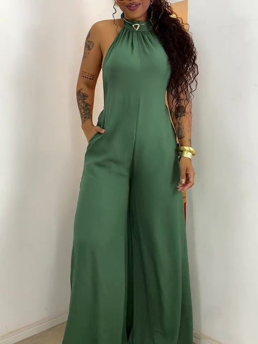 Mono verde sin espalda con cuello halter