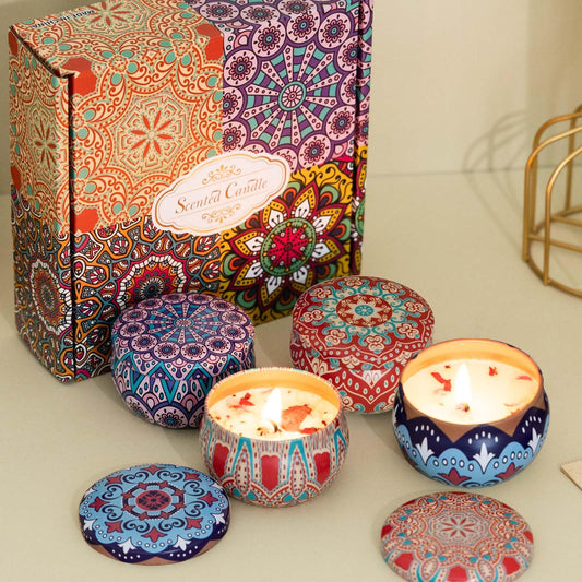 Juego de regalo de velas aromáticas - Velas de aromaterapia para el hogar, velas portátiles para hotel, velas de cera de soja natural en lata para yoga y baño, 70 g, velas de larga duración, regalo para mujeres, paquete de 4
