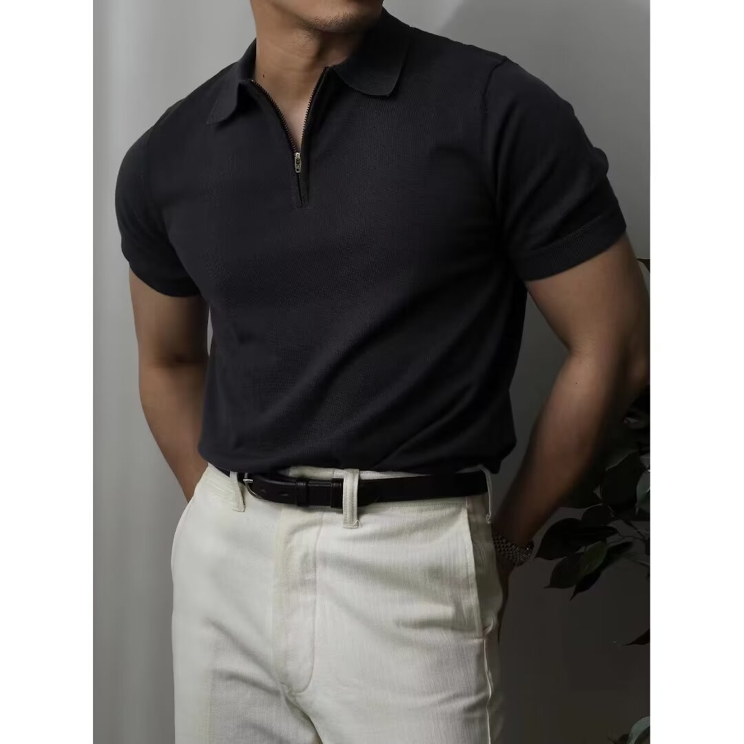 Chemise tricotée unie à manches courtes pour homme, coupe slim d'été
