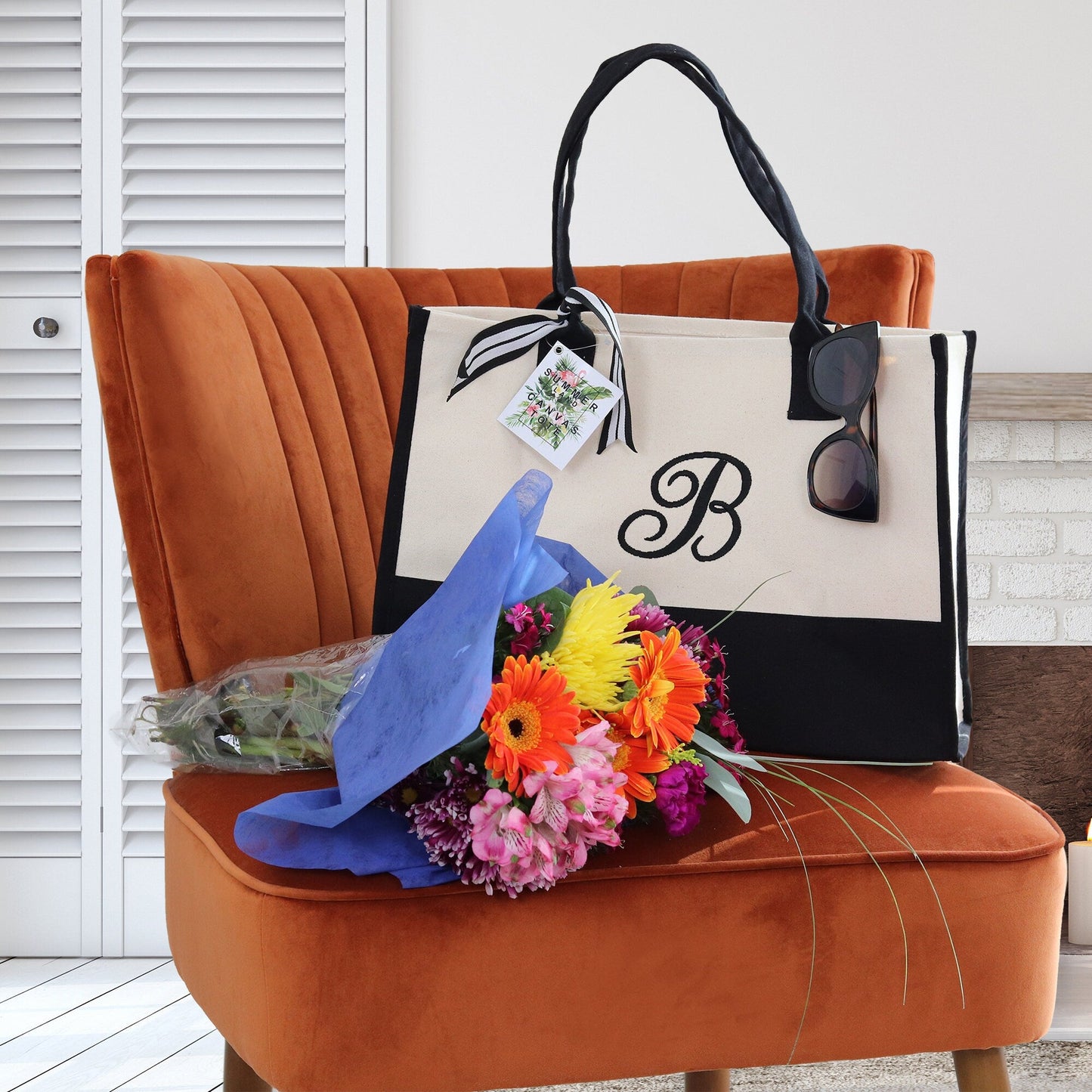 Joli fourre-tout, sac fourre-tout monogrammé avec initiale, 100 % coton-toile et monogramme personnalisé chic, sac de plage, sac de demoiselle d'honneur noir