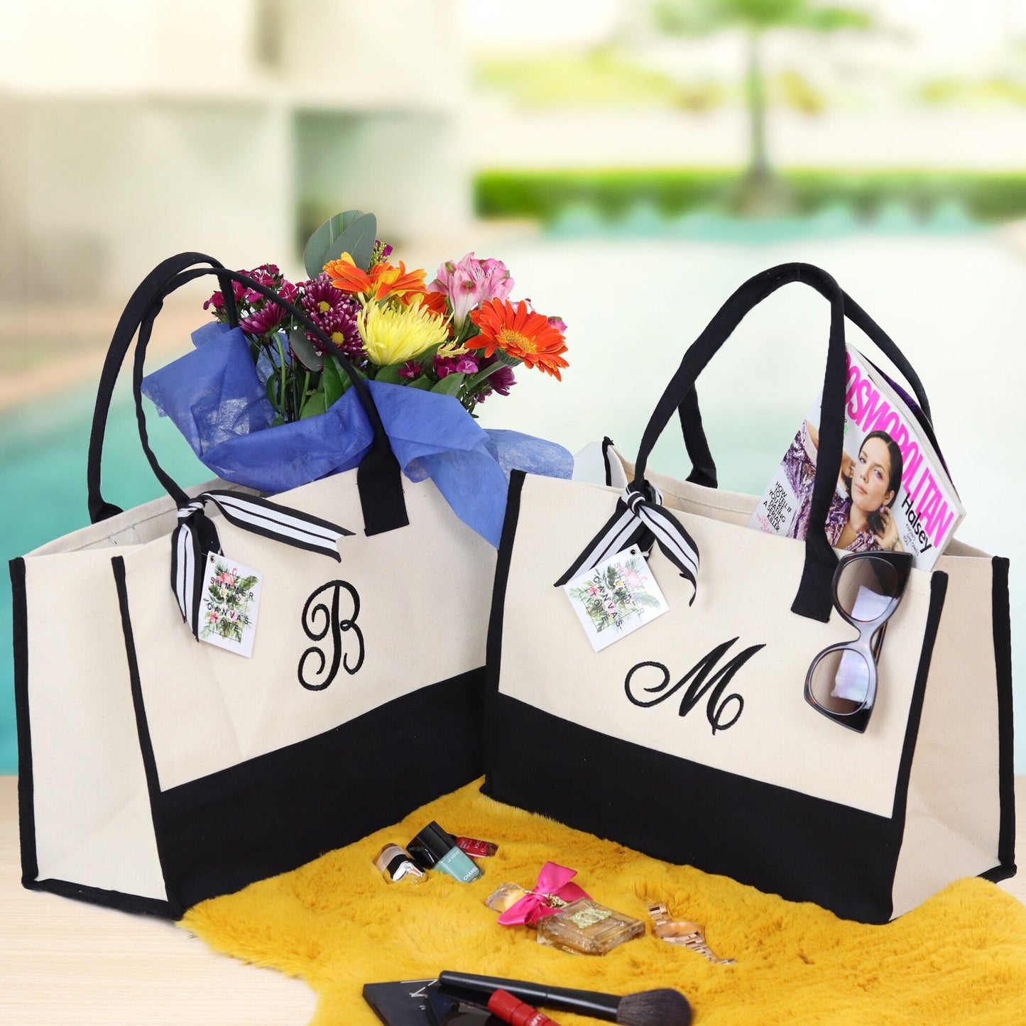 Joli fourre-tout, sac fourre-tout monogrammé avec initiale, 100 % coton-toile et monogramme personnalisé chic, sac de plage, sac de demoiselle d'honneur noir