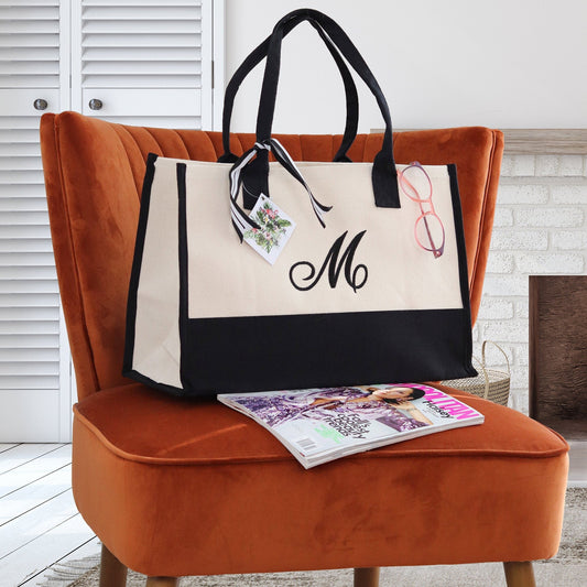 Bolso tote lindo Bolso tote con inicial Lona 100% algodón y un elegante monograma personalizado, Bolso de playa, Bolso de dama de honor Negro